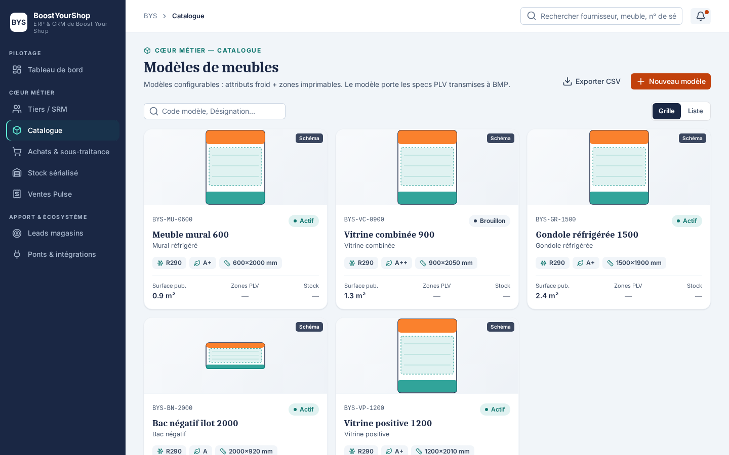 Catalogue — liste des modèles de meubles