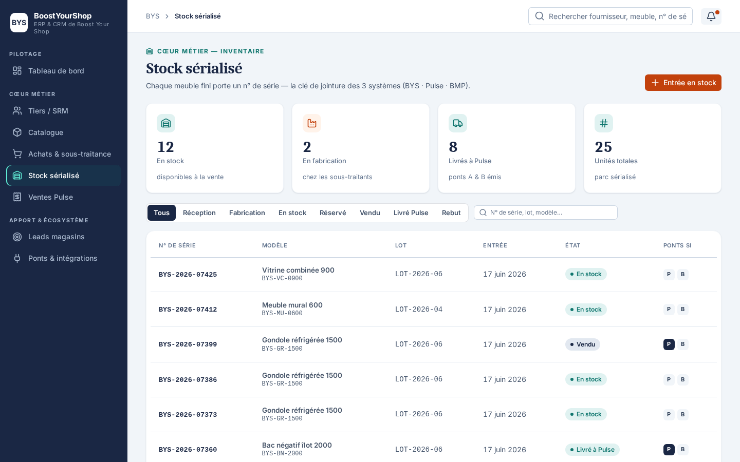 Stock sérialisé — liste des unités