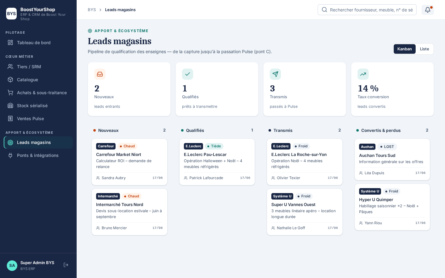 Leads magasins — pipeline de qualification (vue Kanban)