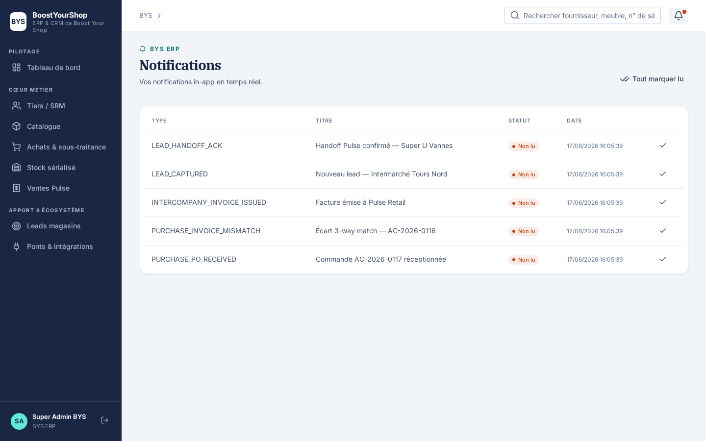 Centre de notifications — liste des alertes