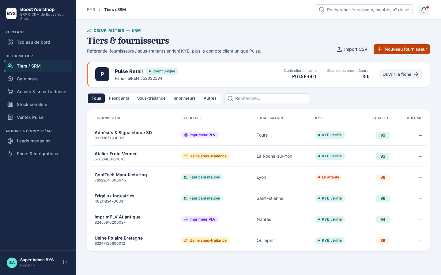 Tiers & fournisseurs — liste des fournisseurs et bandeau du compte Pulse