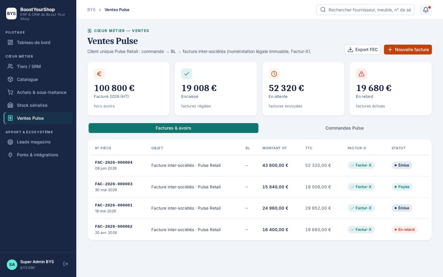 Ventes — liste des factures & avoirs